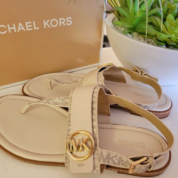 Michael Kors Signature Logo and Leather T-Strap Sandal - Picture 2 of 5
